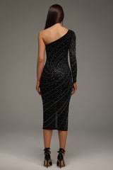 Kamila Black Diamond Detail One Shoulder Midi Dress