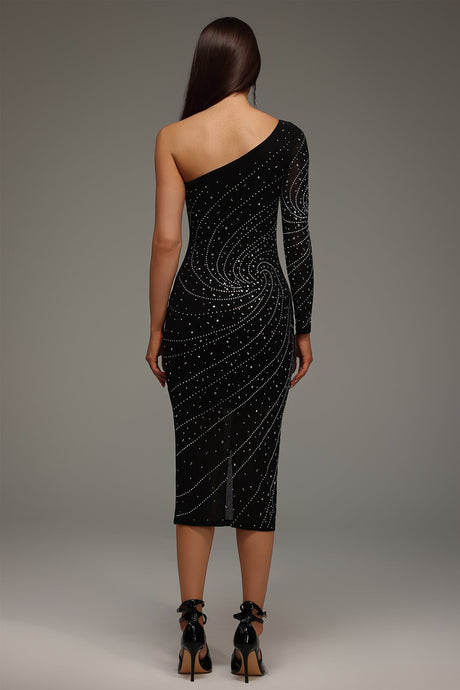 Kamila Black Diamond Detail One Shoulder Midi Dress