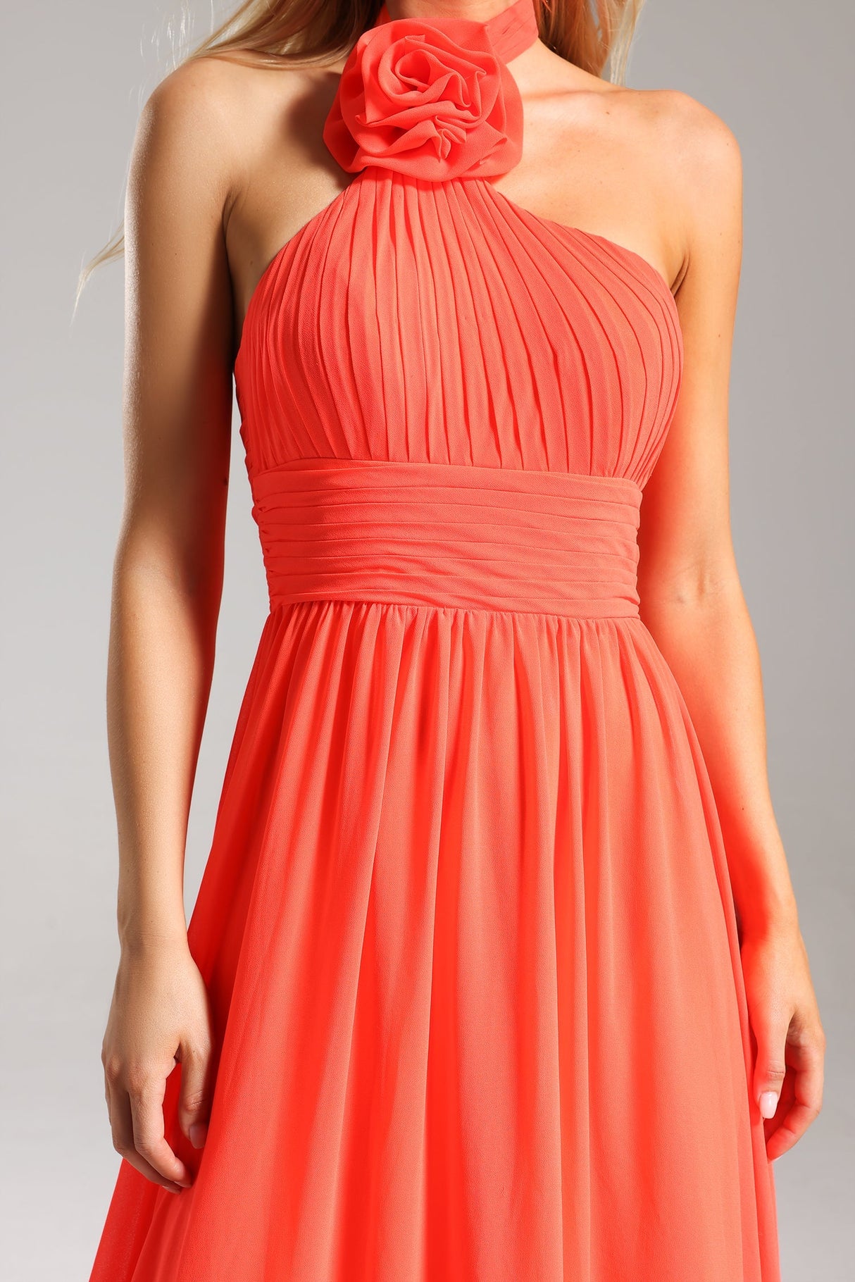 Kamila Coral Halterneck Maxi Dress Pleated Floral Detail Elegant Special Occasion Women's Dress