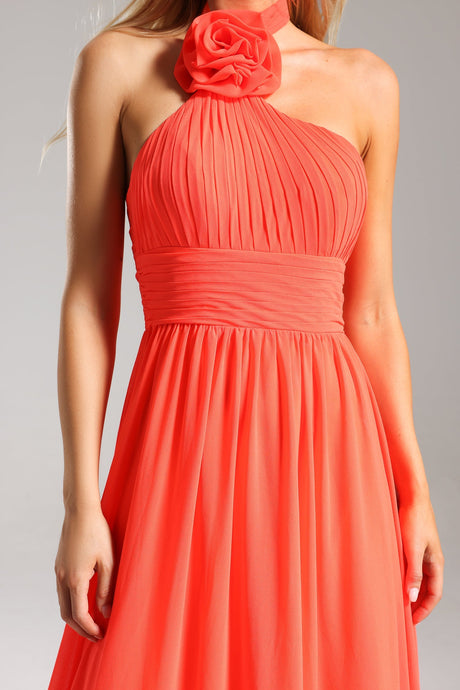 Kamila Coral Halterneck Maxi Dress Pleated Floral Detail Elegant Special Occasion Women's Dress