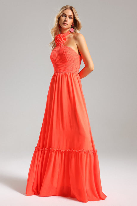 Kamila Coral Halterneck Maxi Dress with Pleating and Floral Detailing
