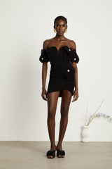 Kamila Mini Dress - Off - Shoulder Design - Floral Appliqu - Corset - Style Bodice - Asymmetric Hemline