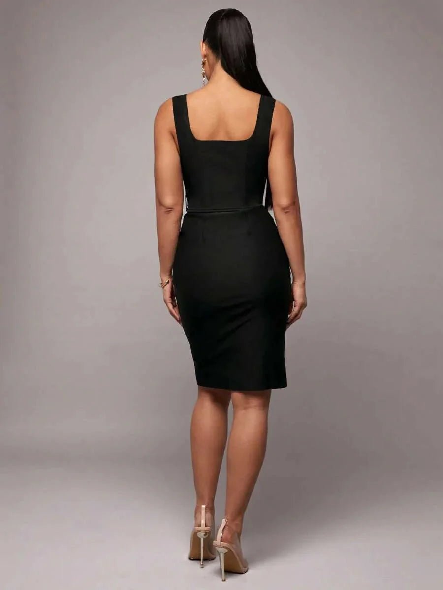 Kamila Mini Dress - Square Neck - High Waist - Belted - Elegant - Sleeveless