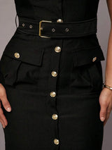 Kamila Mini Dress - Square Neck - High Waist - Belted - Elegant - Sleeveless