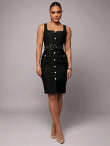 Kamila Mini Dress - Square Neck - High Waist - Belted - Elegant - Sleeveless