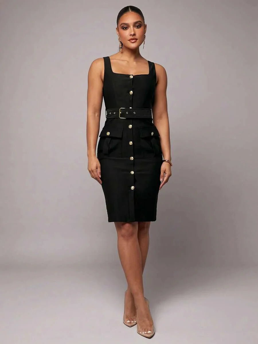 Kamila Mini Dress - Square Neck - High Waist - Belted - Elegant - Sleeveless