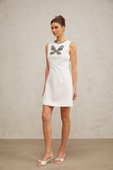 Kamila Mini Dress White Butterfly Crystal Beaded Thigh Zip
