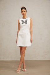 Kamila Mini Dress White Butterfly Crystal Beaded Thigh Zip