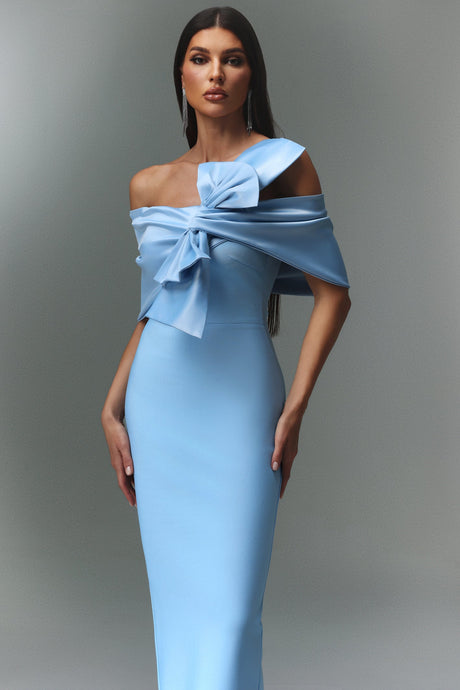 Kara Blue Off-the-Shoulder Maxi Dress with Bow Detail