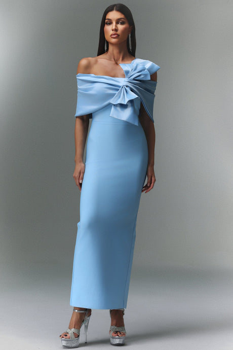 Kara Blue Maxi Dress with Dramatic Bow Detail
