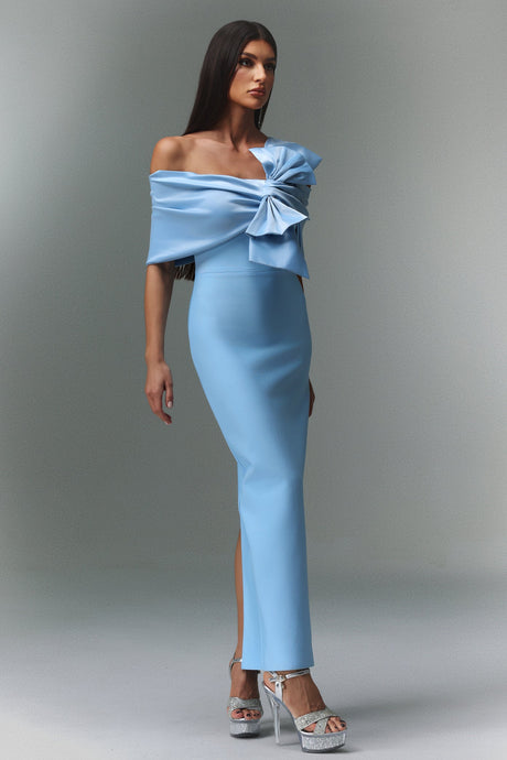 Kara Blue Off-the-Shoulder Maxi Dress with Bow Detail