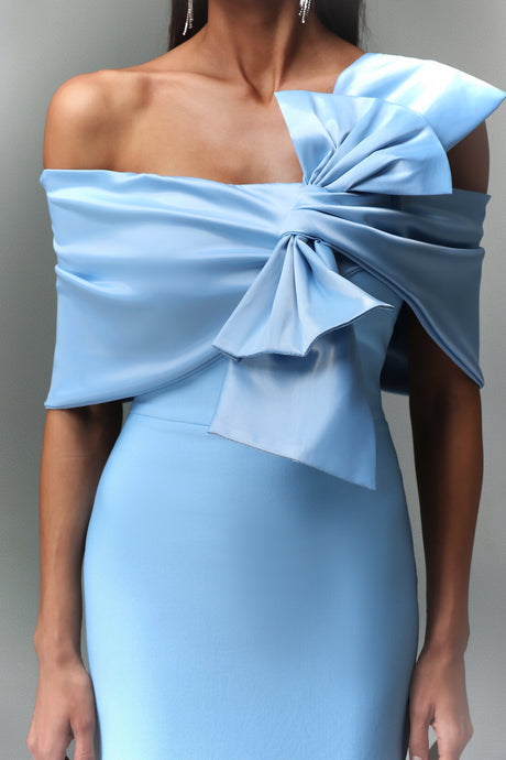 Kara Blue Off-The-Shoulder Maxi Dress with Bow Detail