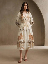 Kara Midi Dress - Elegant Style - A Line Fit - High Waist - Bishop Sleeve - Animal Print