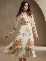 Kara Midi Dress - Elegant Style - A Line Fit - High Waist - Bishop Sleeve - Animal Print