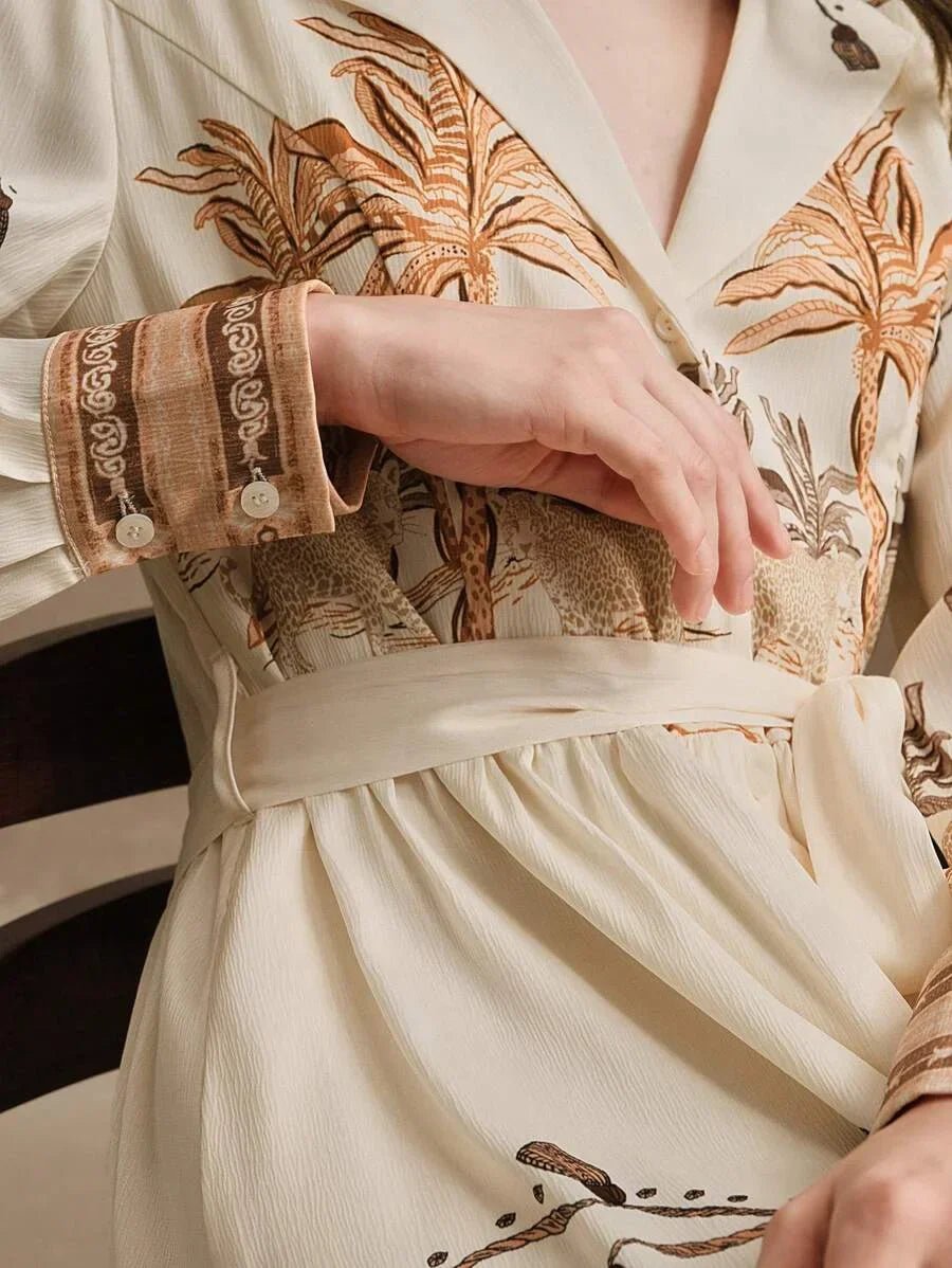 Kara Midi Dress - Elegant Style - A Line Fit - High Waist - Bishop Sleeve - Animal Print