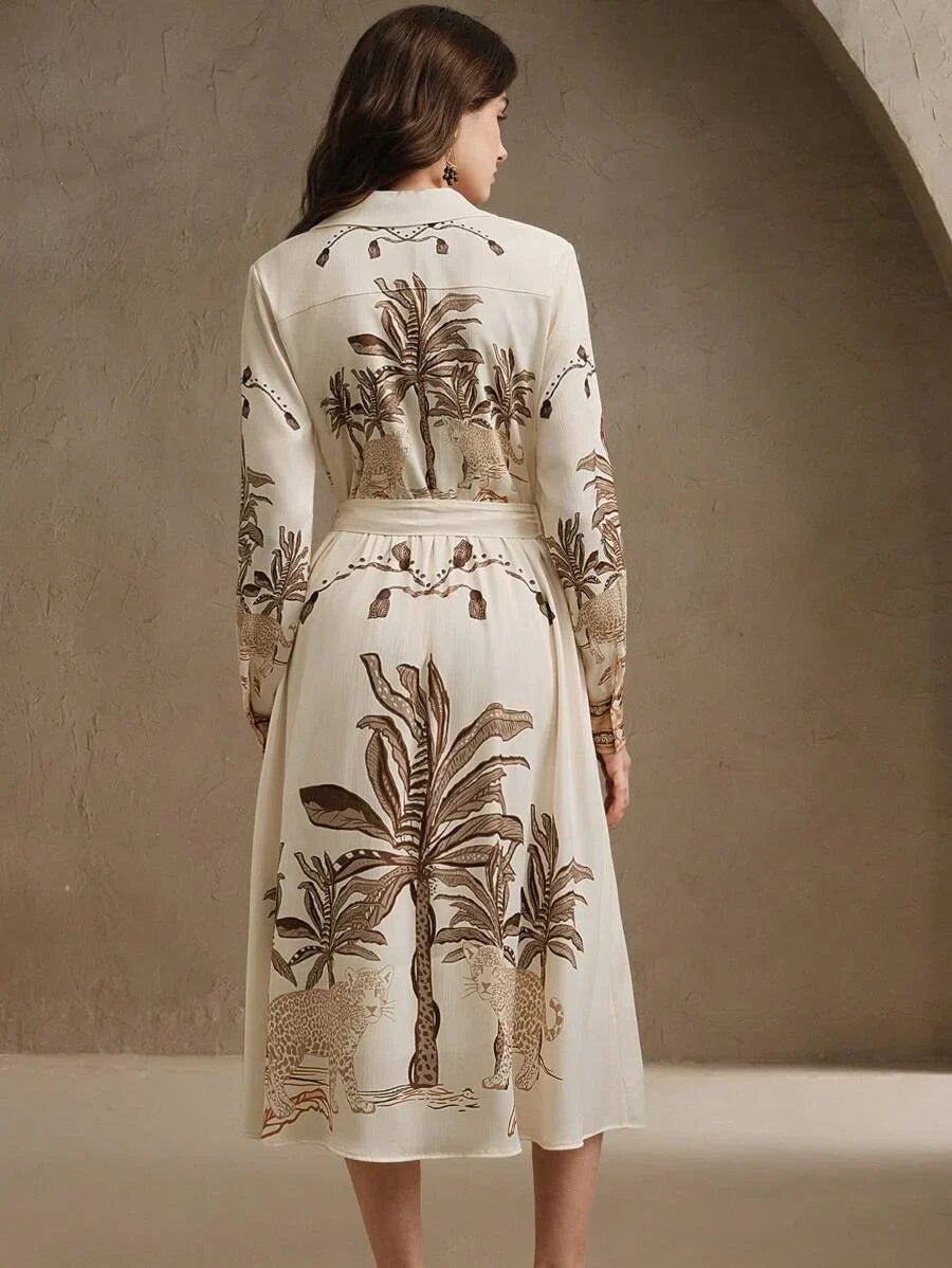 Kara Midi Dress - Elegant Style - A Line Fit - High Waist - Bishop Sleeve - Animal Print