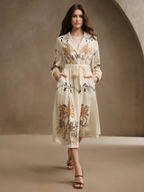 Kara Midi Dress - Elegant Style - A Line Fit - High Waist - Bishop Sleeve - Animal Print