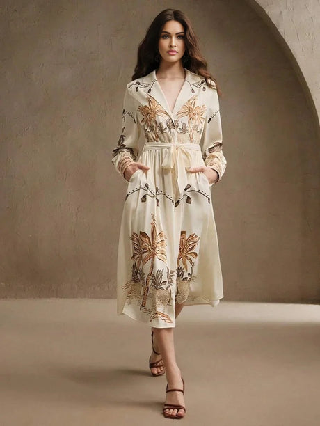 Kara Midi Dress - Elegant Style - A Line Fit - High Waist - Bishop Sleeve - Animal Print
