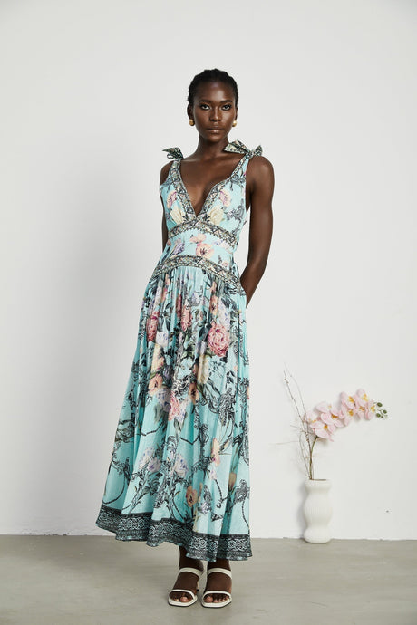 Kara Midi Dress Green Floral Lace Crystal Embellished Tie - Shoulder