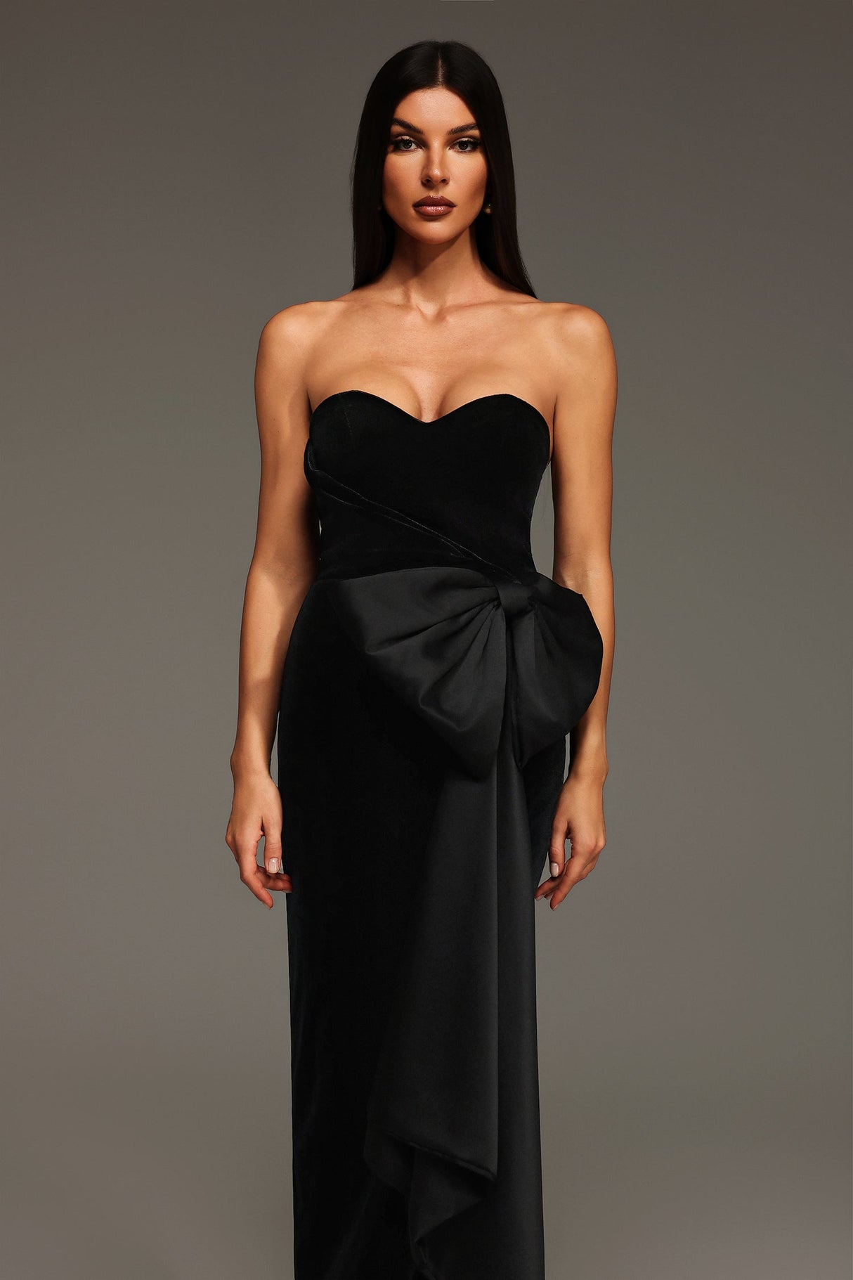 Karina Black Strapless Heart Neckline Bow Detail Slit Formal Dress