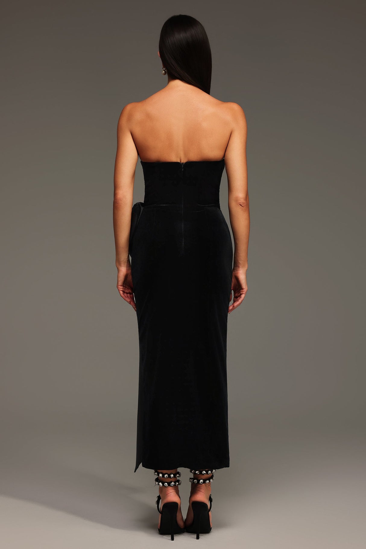 Karina Black Strapless Heart Neckline Bow Detail Slit Formal Dress