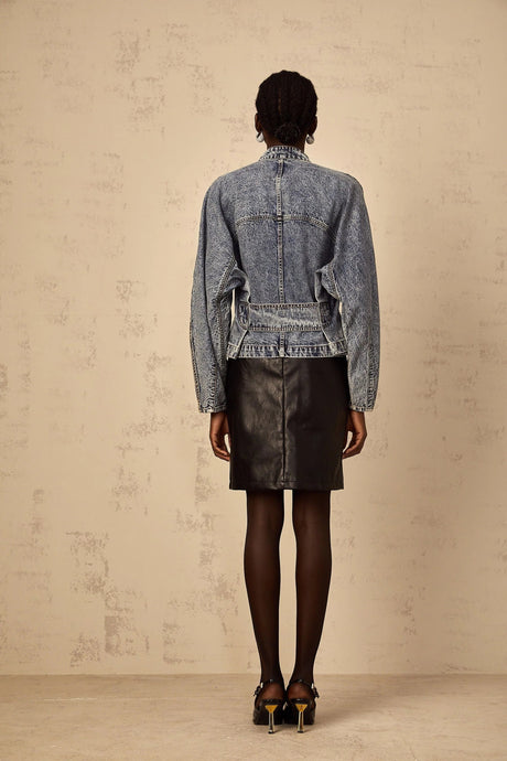 Karina Denim Jacket Blue Whiskering Contrast Stitching Zip Fastening Two Pockets