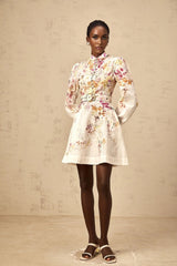 Karina Mini Dress White & Multicolor Floral Print Belted Button - Front Mini - Length