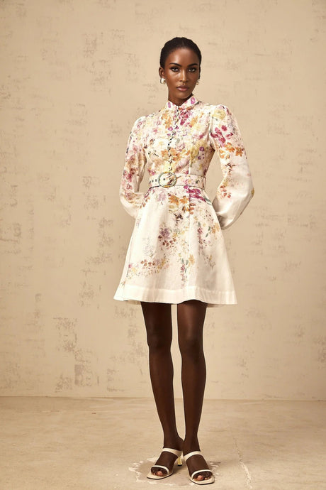 Karina Mini Dress White & Multicolor Floral Print Belted Button - Front Mini - Length