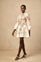 Karina Mini Dress White & Multicolor Floral Print Belted Button - Front Mini - Length