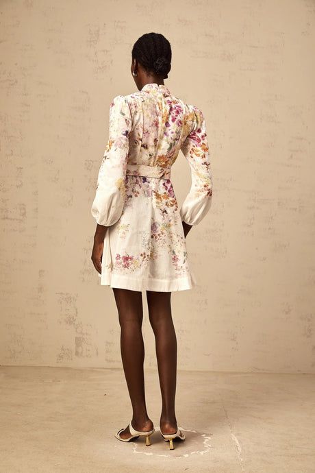 Karina Mini Dress White & Multicolor Floral Print Belted Button - Front Mini - Length