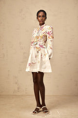 Karina Mini Dress White & Multicolor Floral Print Belted Button - Front Mini - Length