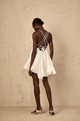 Karina Mini Dress White Shirred Flounce V - Neck Sleeveless Tie - Back & Thigh - Length