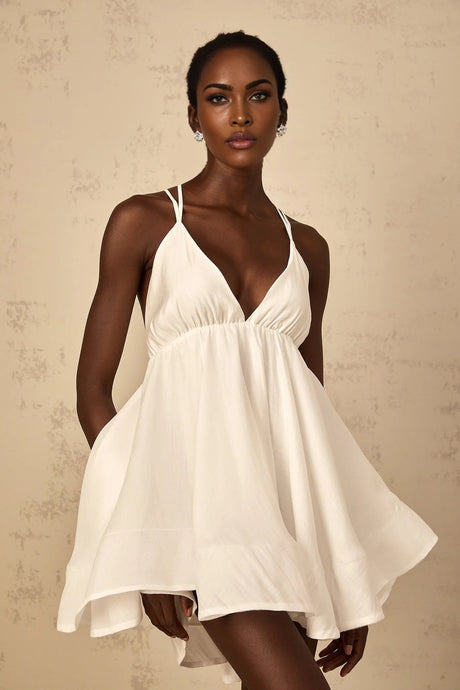 Karina Mini Dress White Shirred Flounce V - Neck Sleeveless Tie - Back & Thigh - Length