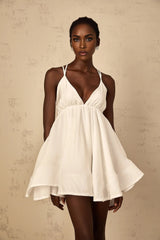 Karina Mini Dress White Shirred Flounce V - Neck Sleeveless Tie - Back & Thigh - Length