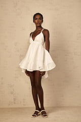 Karina Mini Dress White Shirred Flounce V - Neck Sleeveless Tie - Back & Thigh - Length