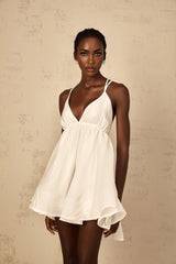 Karina Mini Dress White Shirred Flounce V - Neck Sleeveless Tie - Back & Thigh - Length