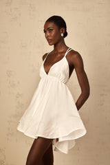 Karina Mini Dress White Shirred Flounce V - Neck Sleeveless Tie - Back & Thigh - Length