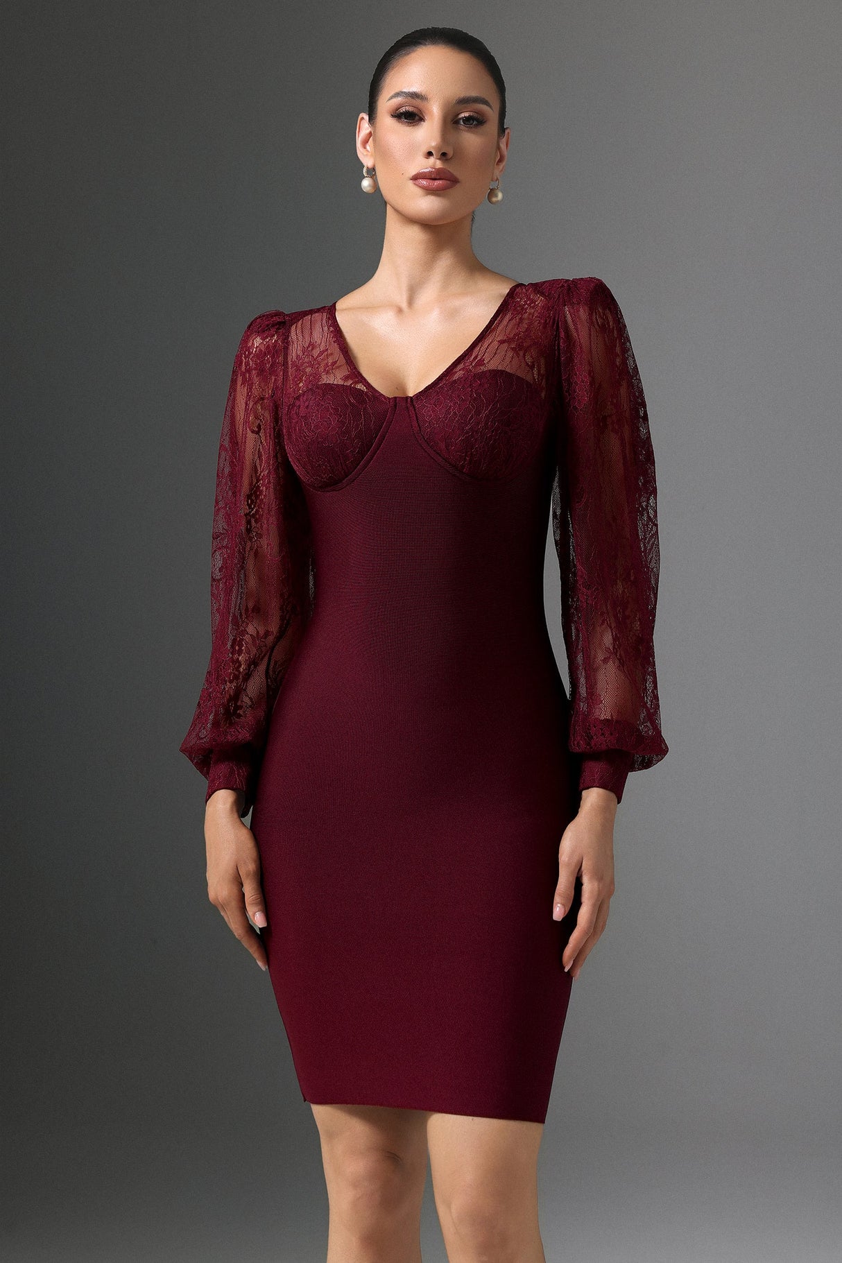 Karina Red Lace Bandage Dress V-neckline Long Sleeve Elegant Cocktail Event Romantic Dinner Special Occasion