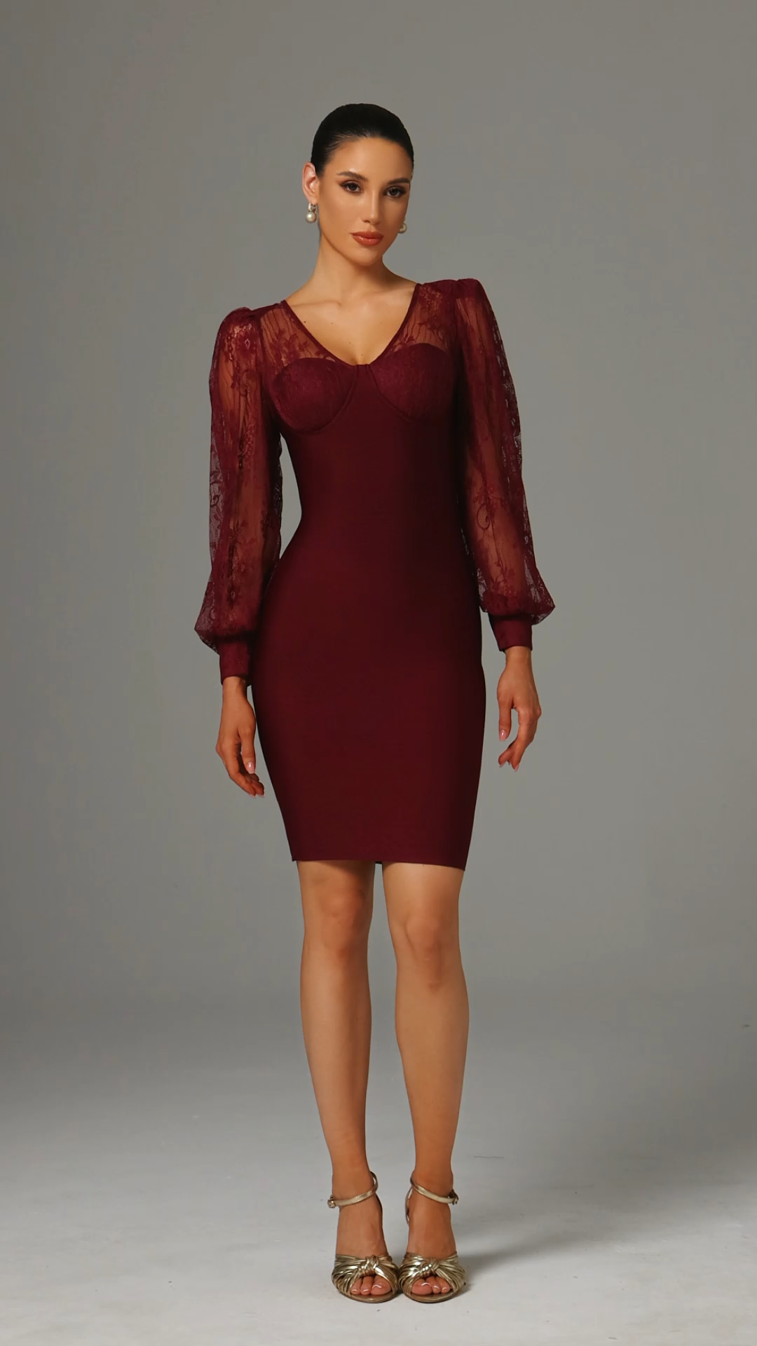Karina Red Lace Bandage Dress V-Neckline Long Sleeves Special Occasion Cocktail Event Elegant Sophisticated