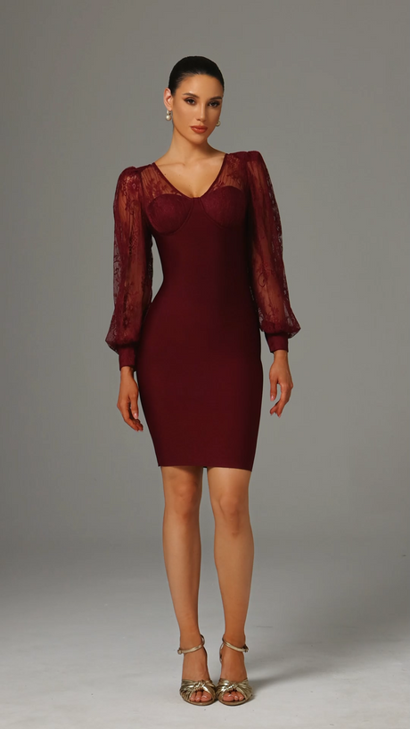 Karina Red Lace Bandage Dress V-Neckline Long Sleeves Special Occasion Cocktail Event Elegant Sophisticated