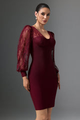 Karina Red Lace Bandage Dress V-neckline Long Sleeves Cocktail Event Romantic Dinner Elegant Sophisticated
