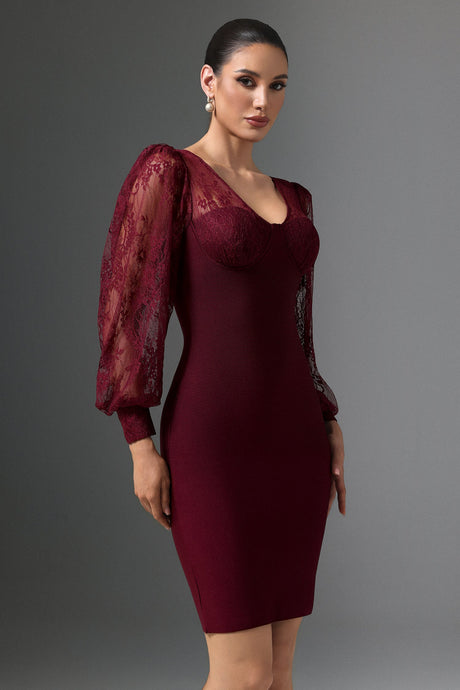 Karina Red Lace Bandage Dress V-neckline Long Sleeves Cocktail Event Romantic Dinner Elegant Sophisticated