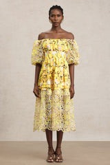 Karina Yellow Floral Lace Dress with Puff Sleeves and Off-Shoulder Neckline
