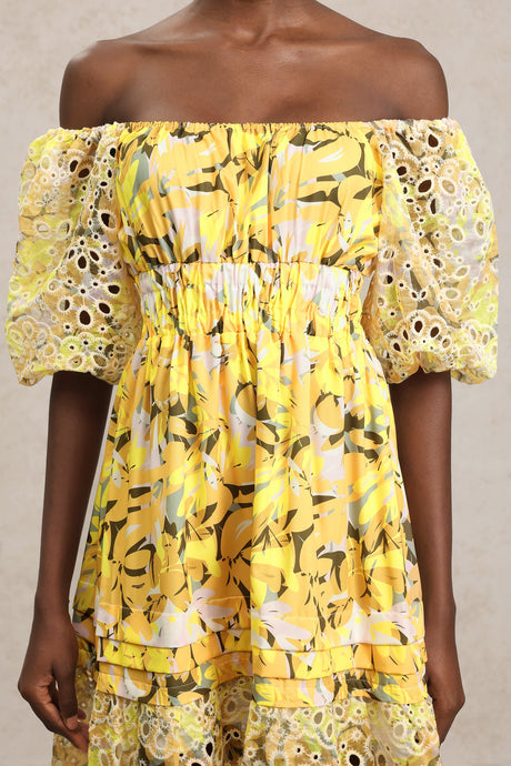 Karina Yellow Floral Lace Dress with Puff Sleeves and Off-Shoulder Neckline