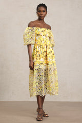 Karina Yellow Floral Lace Dress with Puff Sleeves and Off-Shoulder Neckline