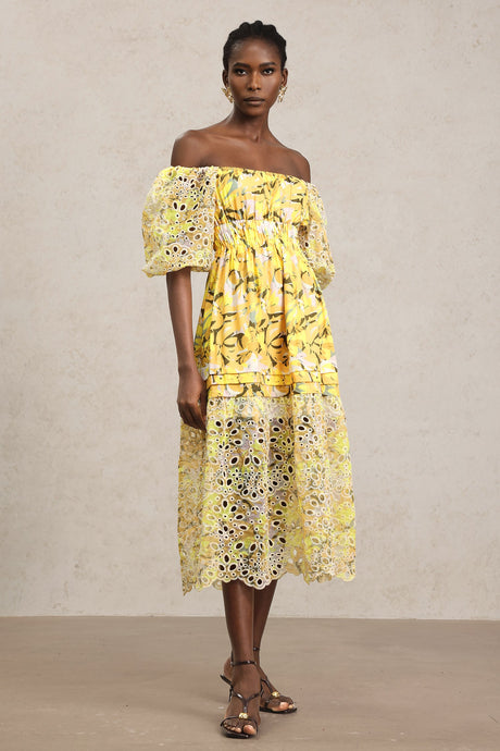 Karina Yellow Floral Lace Dress with Puff Sleeves and Off-Shoulder Neckline