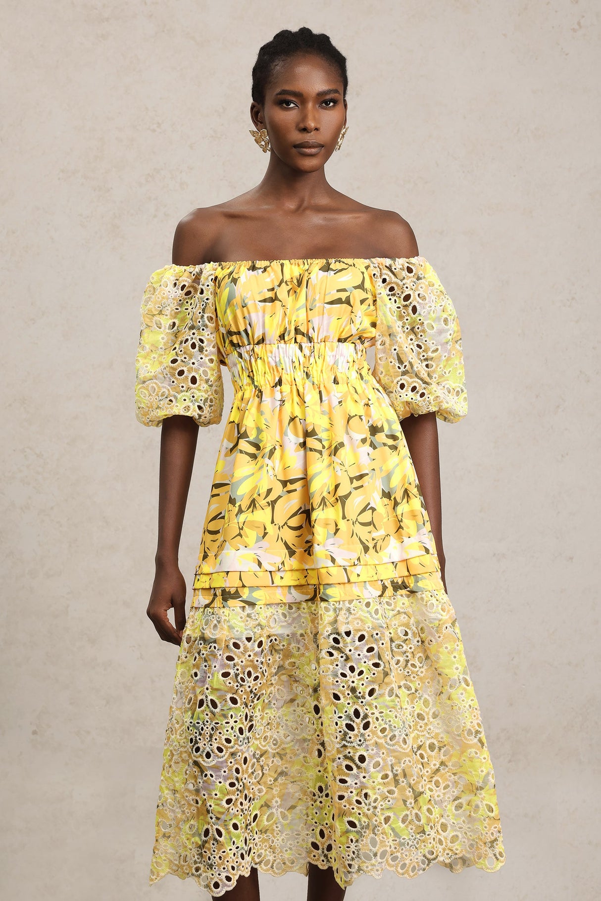 Karina Yellow Floral Lace Off-Shoulder Dress with Puff Sleeves