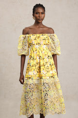 Karina Yellow Floral Lace Off-Shoulder Dress with Puff Sleeves