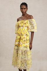 Karina Yellow Floral Lace Puff Sleeve Off-Shoulder Dress