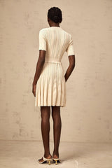Katherine Mini Dress with Round Neck, Cinched Waist and Pleated Details